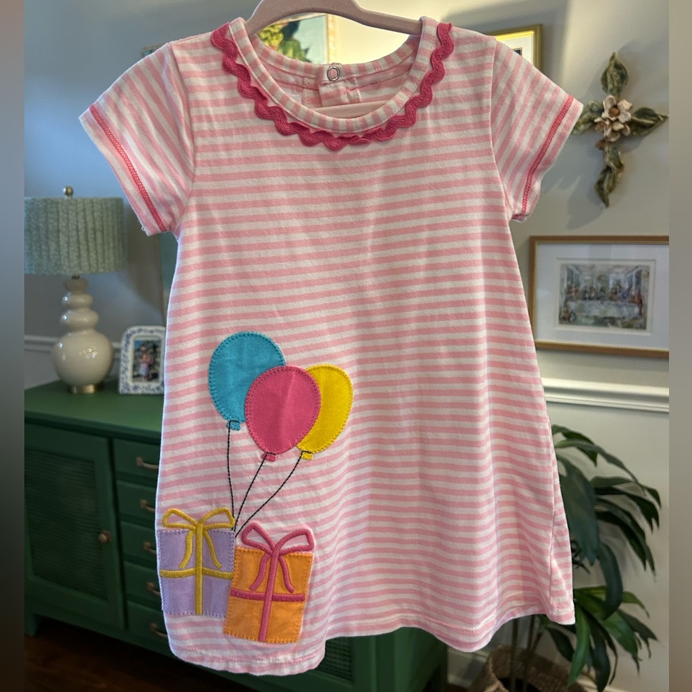 Mud Pie Pink Striped short sleeve dress with Balloon and Gift Design
